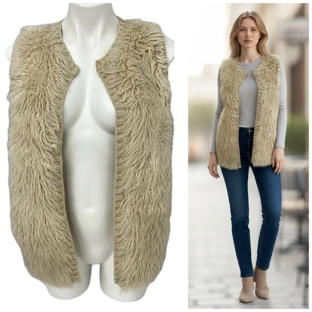 Eyeshadow Sweater Vest Womens XS Oversized Cozy Vegan Faux Fur Knit Cardigan Tan